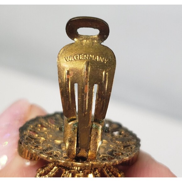 Vtg West Germany Aurora Borealis Amber Topaz Rhinestone Faux Pearl Brooch Set - Picture 13 of 16